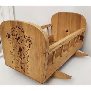 Vintage Wooden Handmade‎ Baby Doll Rocking Crib Cradle Wood Burned Care Bear